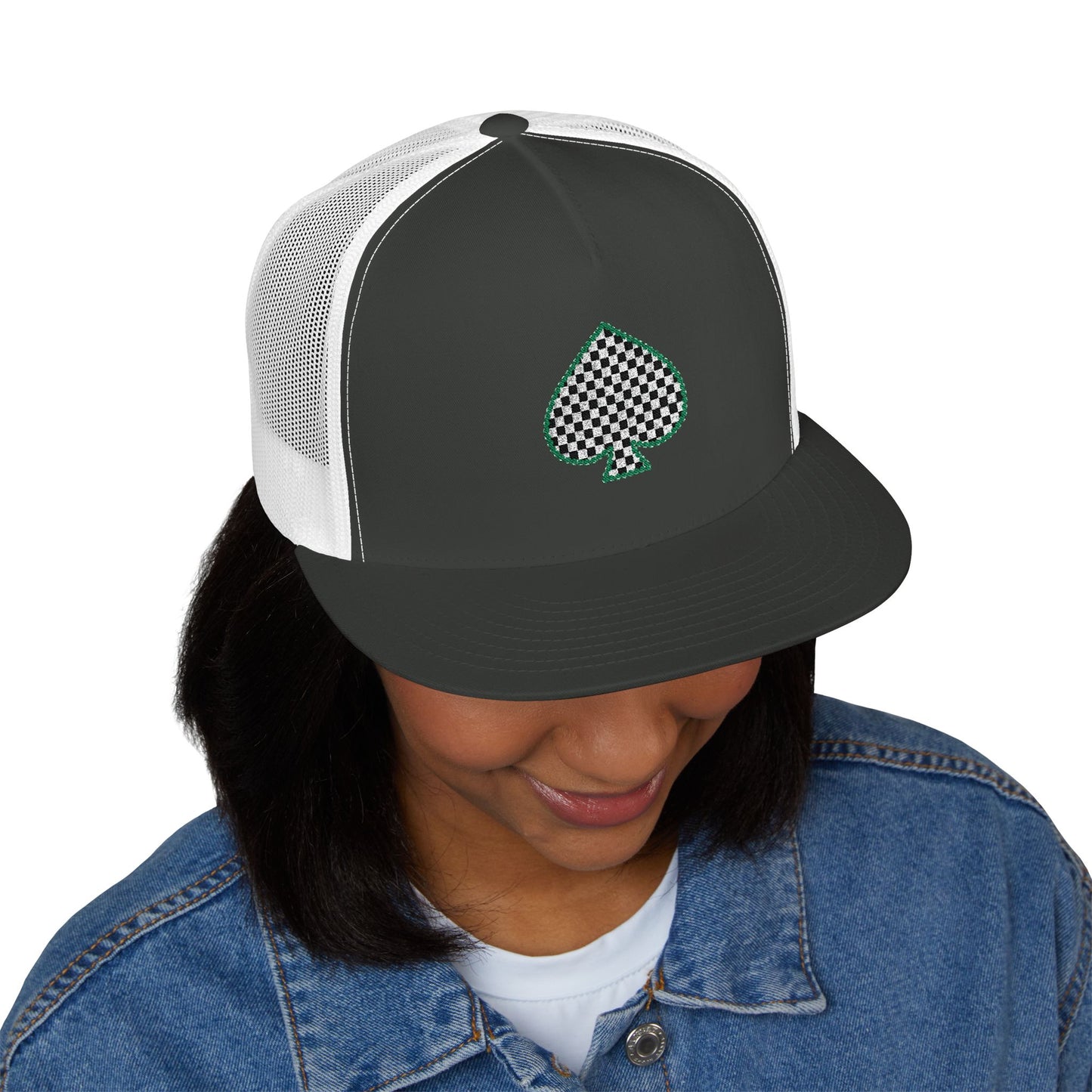 Trucker Cap with Embroidered Green Spade Patch
