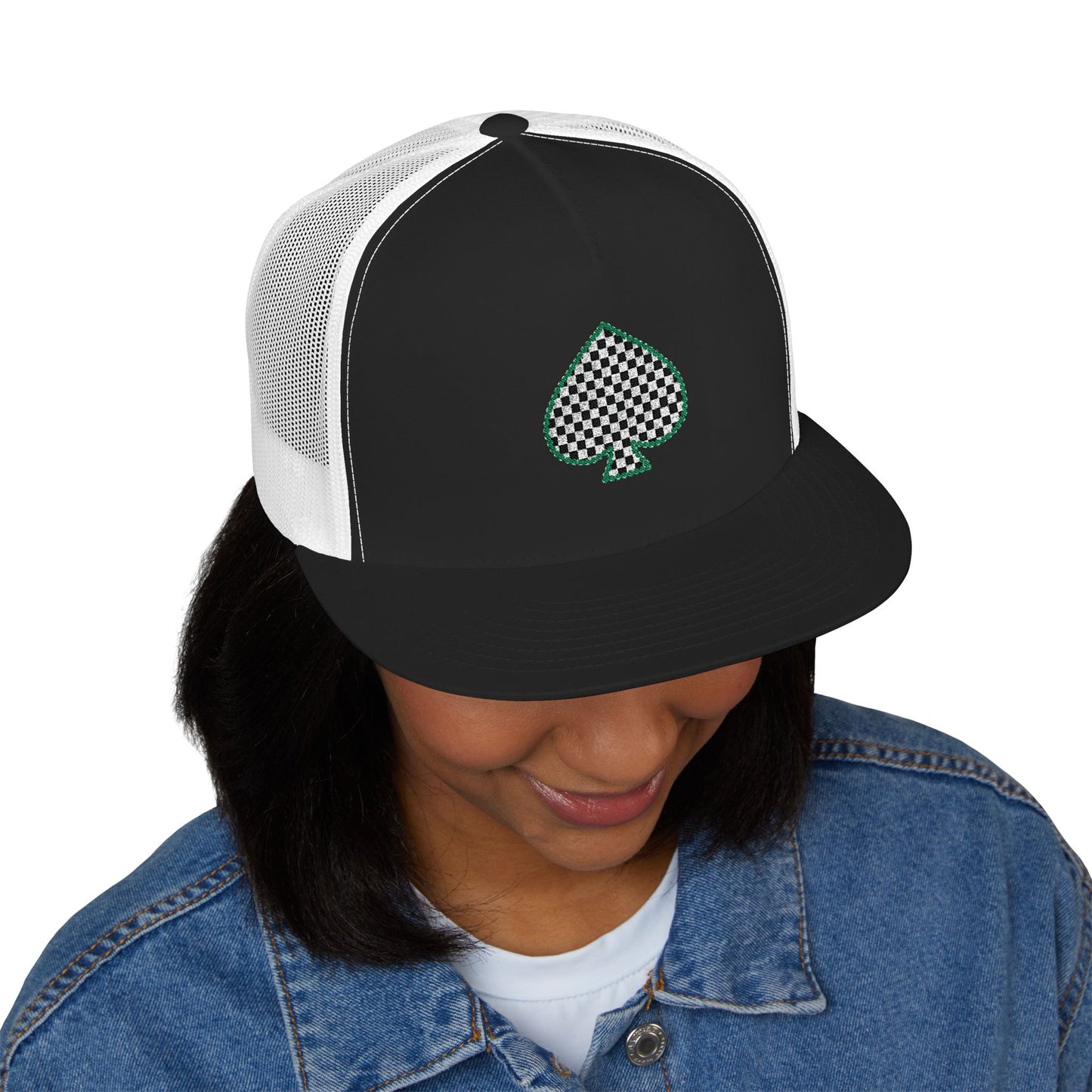 Trucker Cap with Embroidered Green Spade Patch