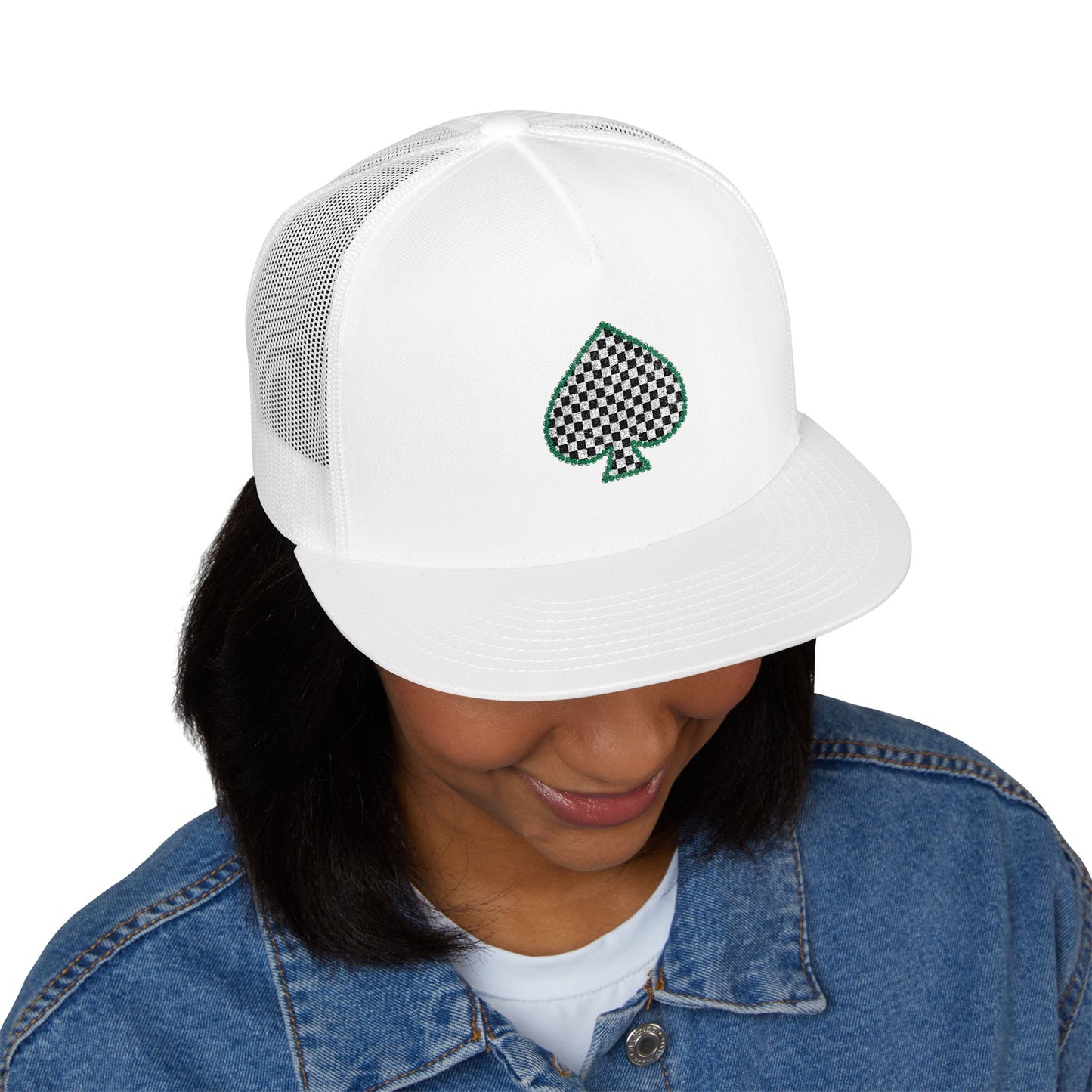 Trucker Cap with Embroidered Green Spade Patch
