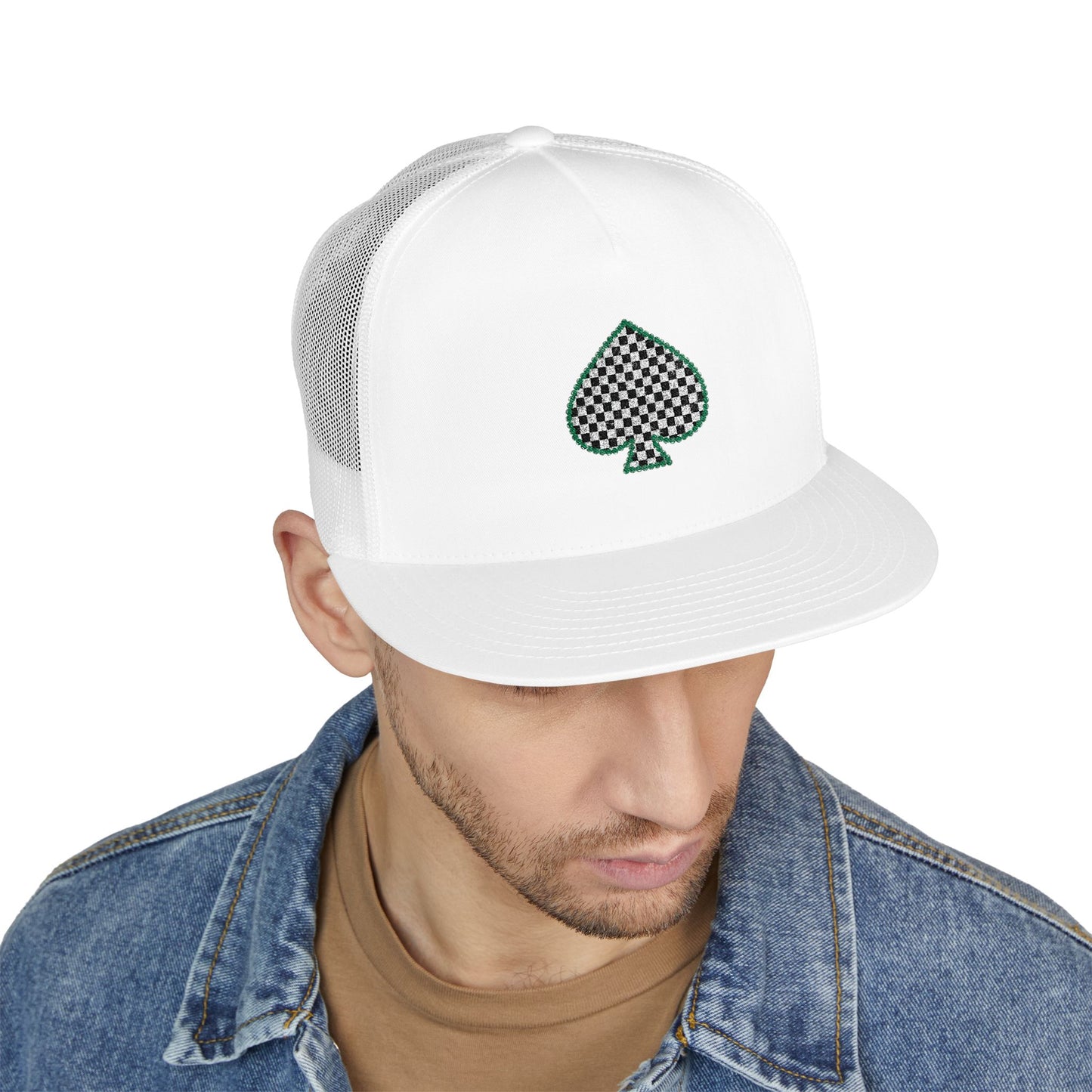 Trucker Cap with Embroidered Green Spade Patch