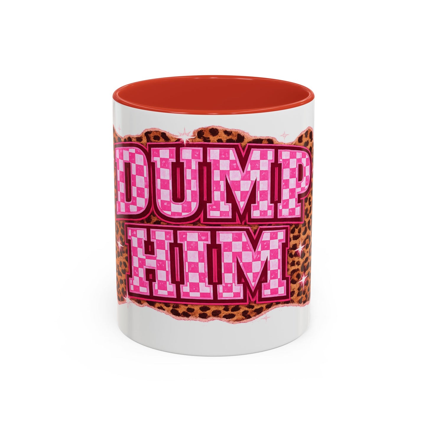 Accent Coffee Mug — "Dump Him" Pink Plaid Leopard Accent Mug (11/15 oz)