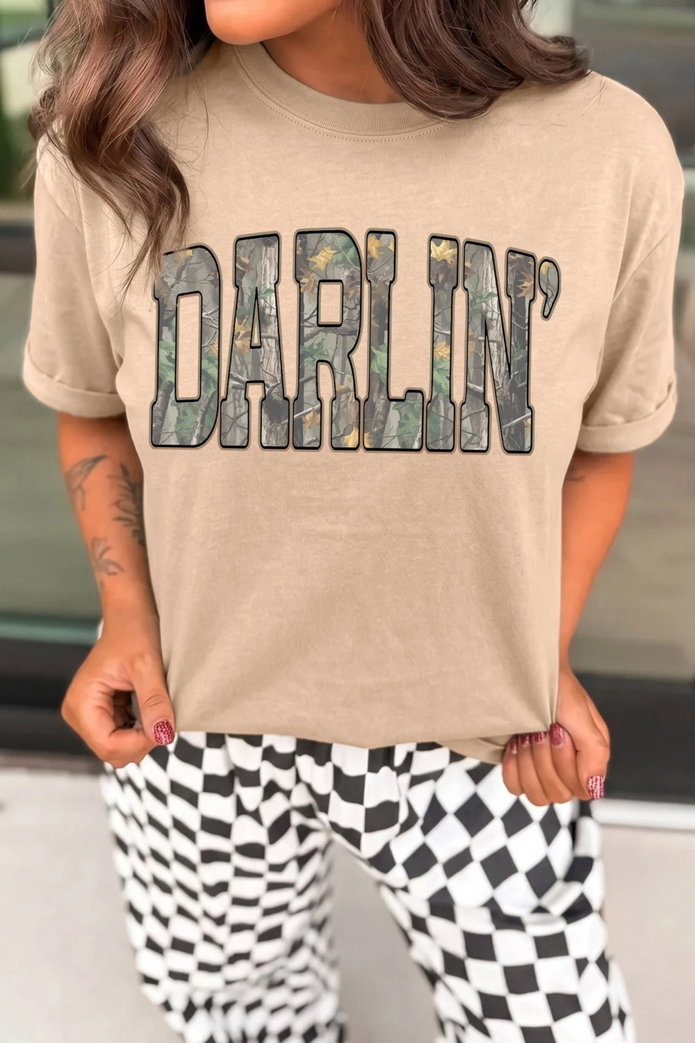 Khaki Camo Letter Print T Shirt
