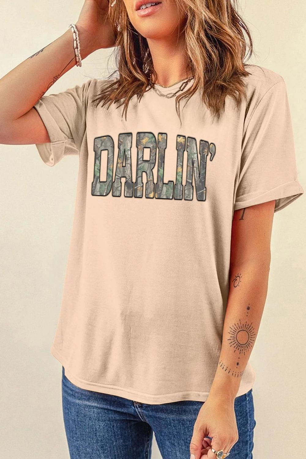 Khaki Camo Letter Print T Shirt