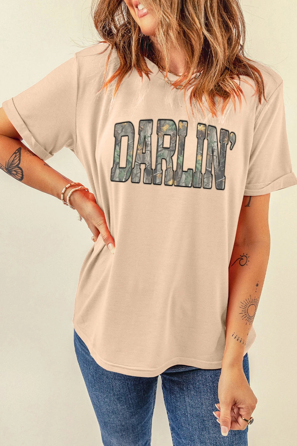 Khaki Camo Letter Print T Shirt