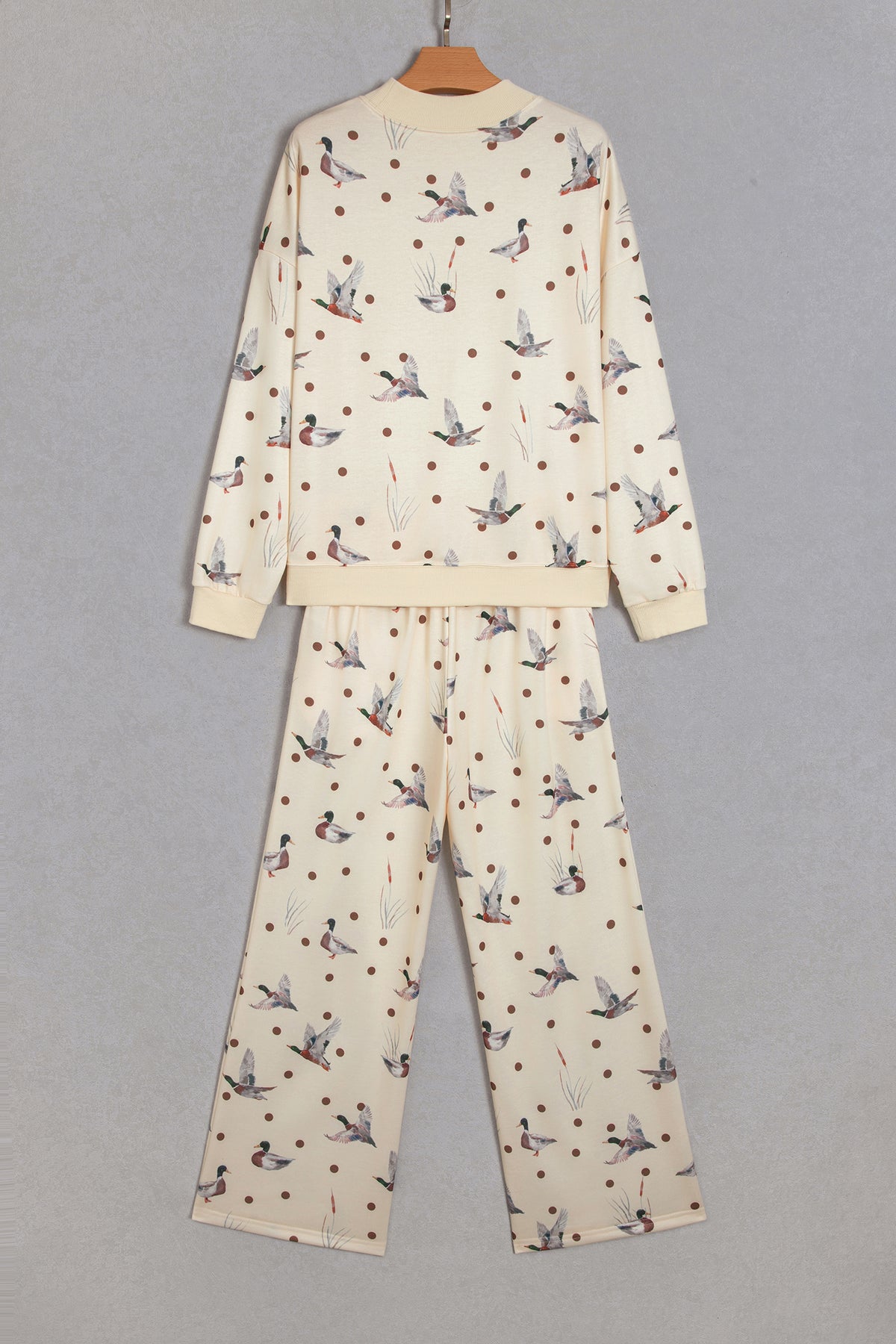 Beige Polka Dot Mallard Print Crewneck Pullover Two Piece Pants Set