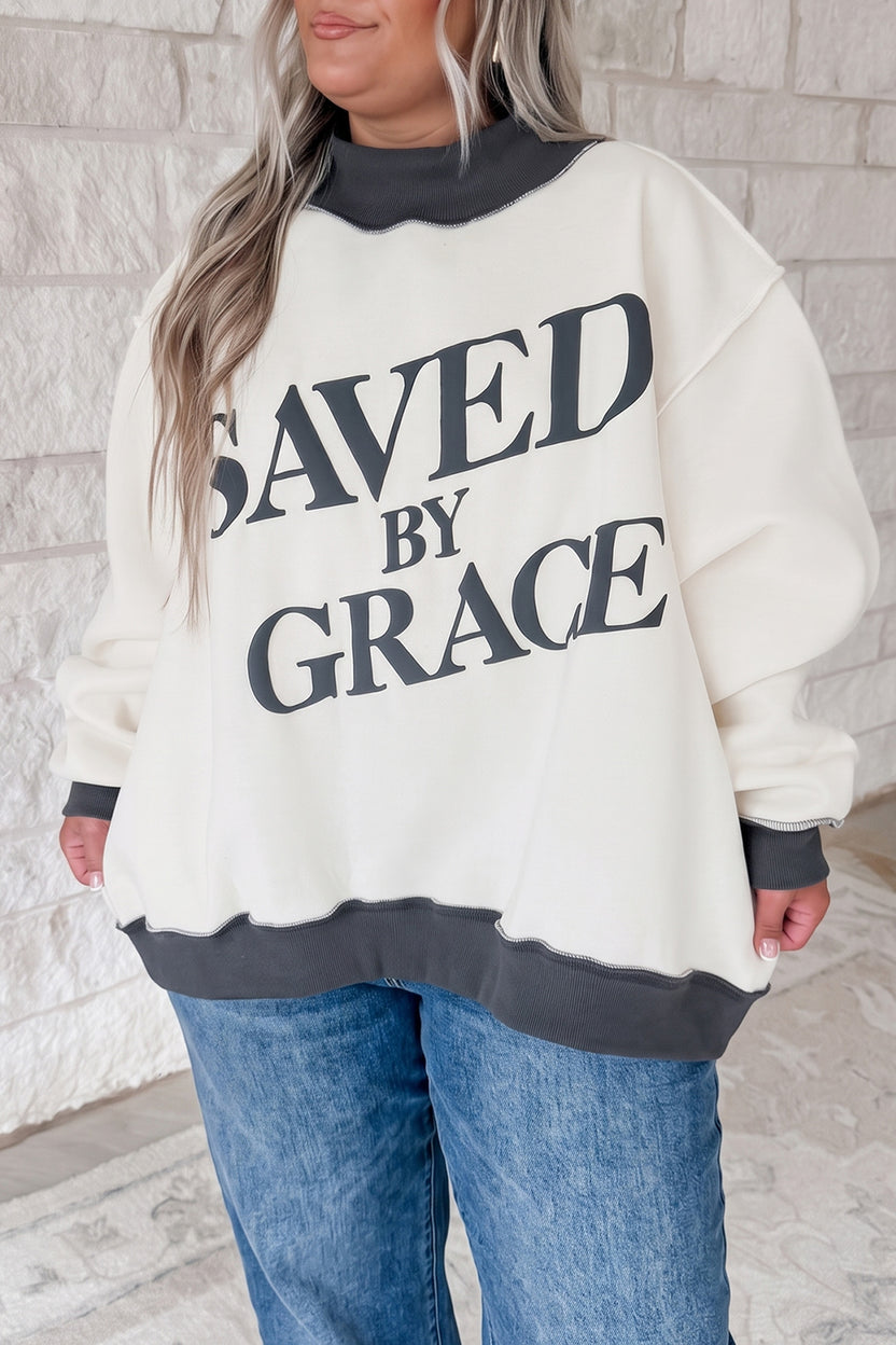 Beige SAVED BY GRACE Letter Print Color Block Mock Neck Plus Size Swea ...