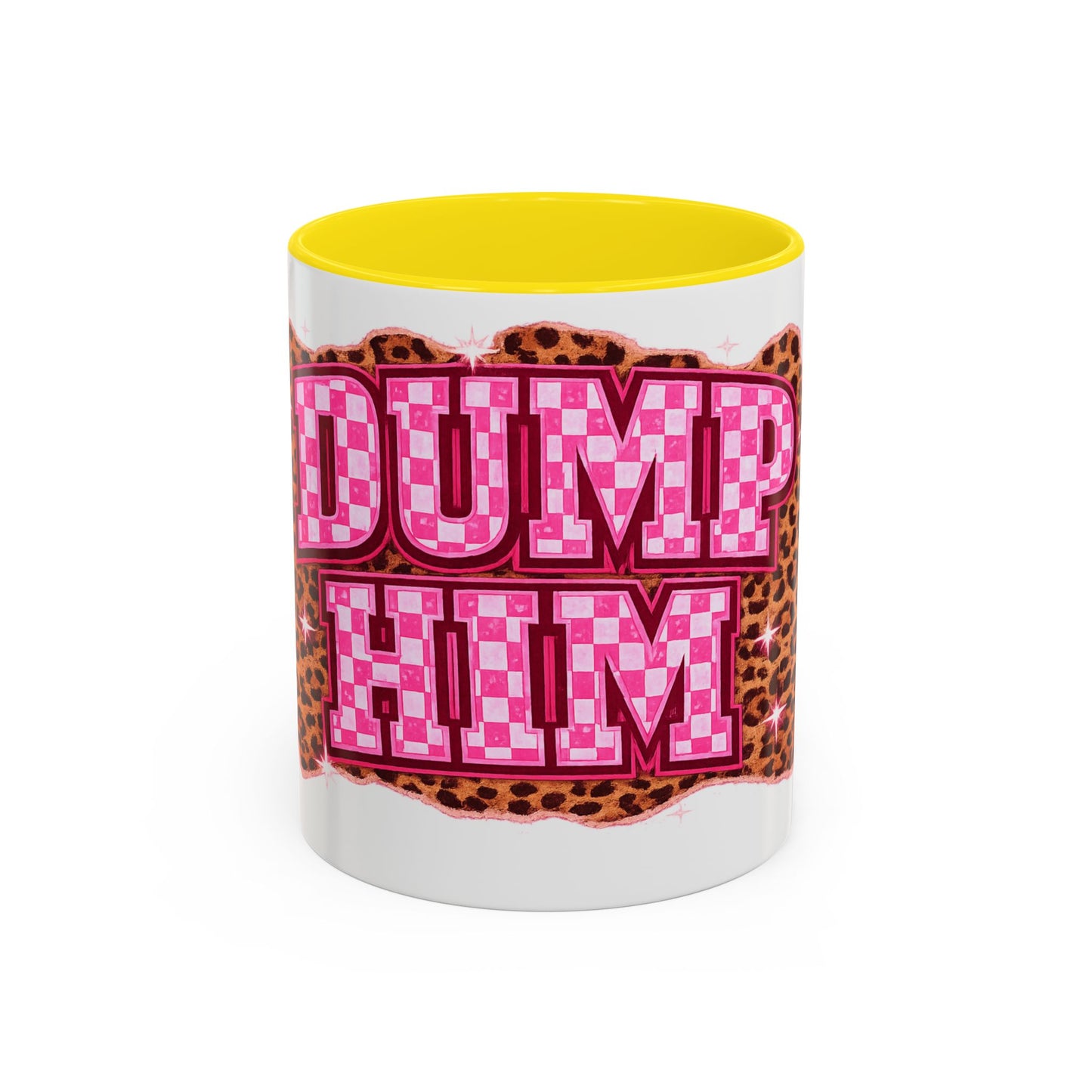 Accent Coffee Mug — "Dump Him" Pink Plaid Leopard Accent Mug (11/15 oz)