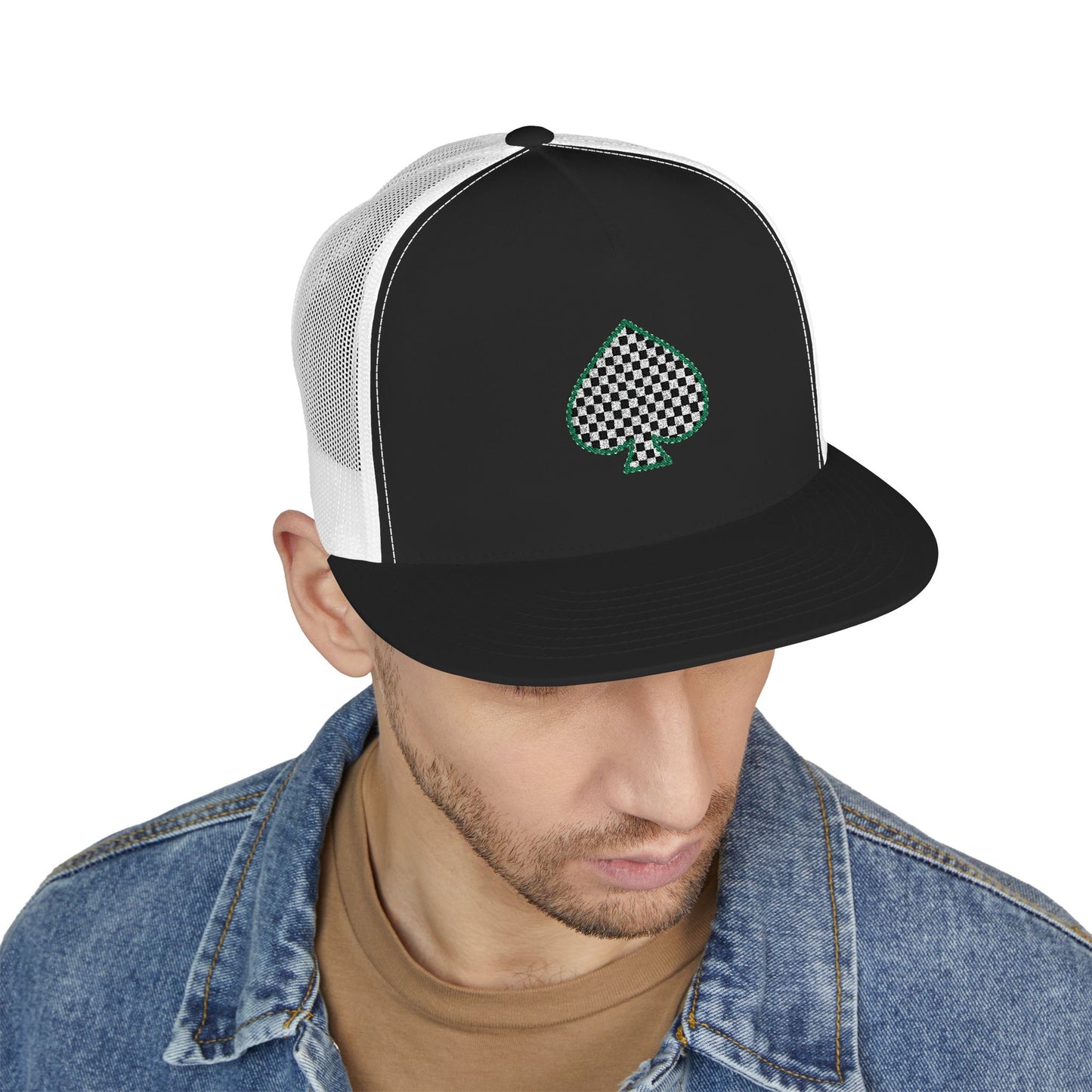 Trucker Cap with Embroidered Green Spade Patch