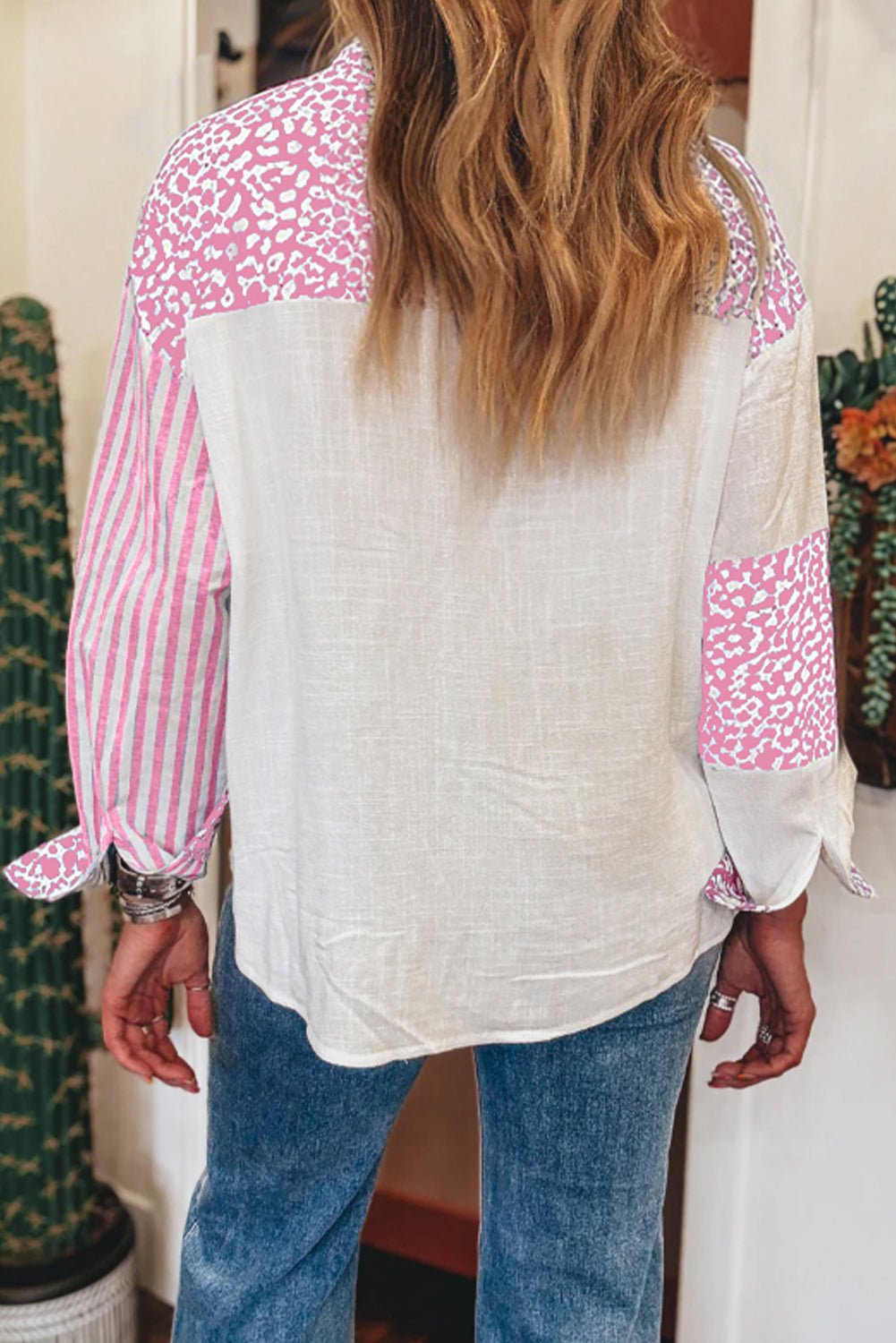 Pink 100% Cotton Leopard Striped Western Casual Shirt