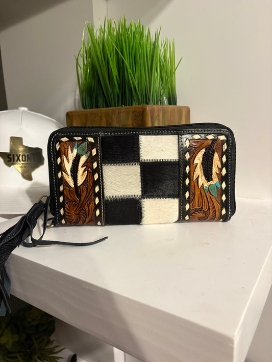 Feathered Check Cowhide Wristlet
